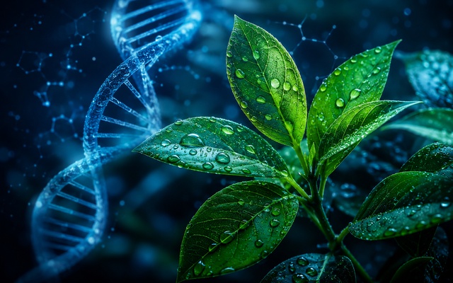 Groene bladeren met waterdruppels en een DNA-structuur
